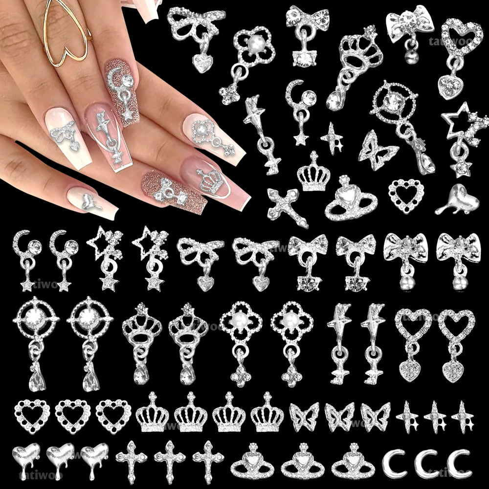 Tatiwoo dangle-star silver nail charms add sparkling accents for chic acrylic nails