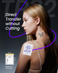 TATTMUSE TP32 app interface with 1000+ editable tattoo materials and preview features
