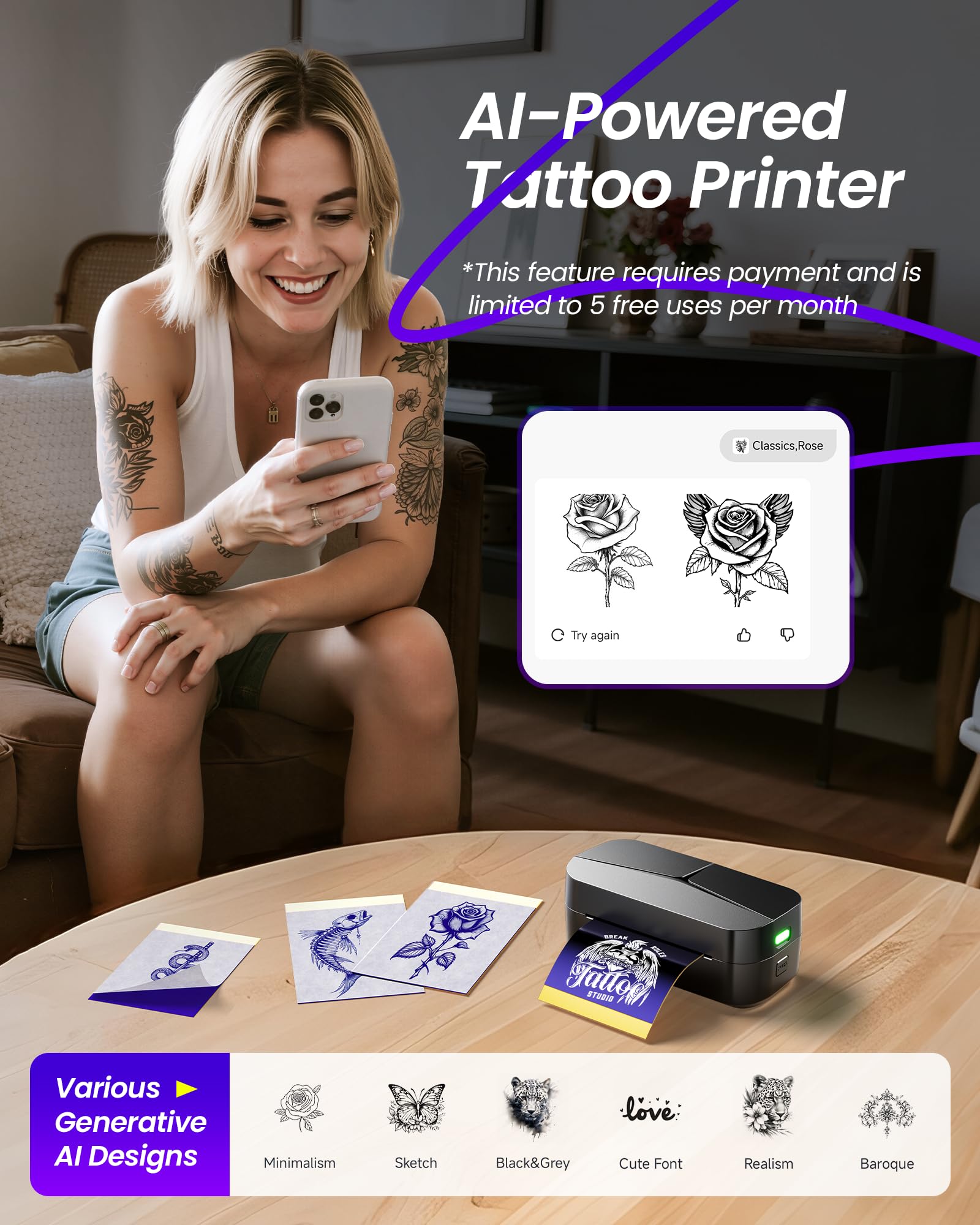 TATTMUSE TP32 transfers temporary tattoos onto skin for casual wear