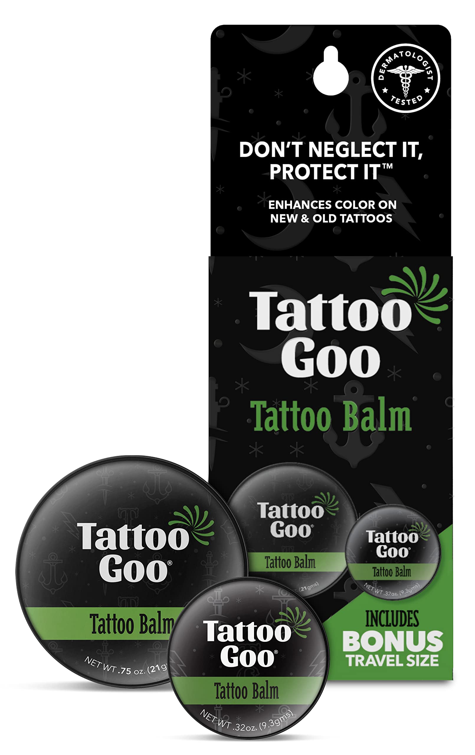 Tattoo Goo balm packaging shows two tins for convenient home and travel aftercare