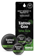 Tattoo Goo balm packaging shows two tins for convenient home and travel aftercare