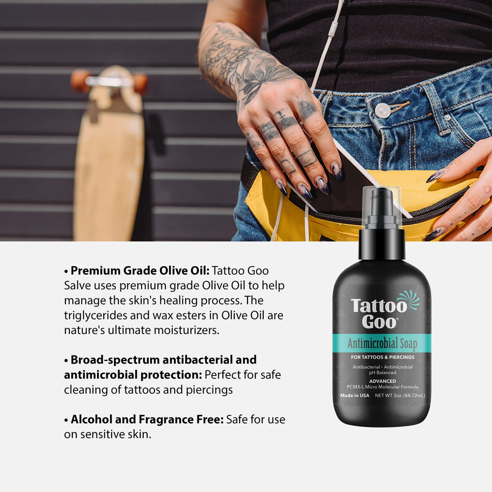 Tattoo Goo Antimicrobial Soap unscented label closeup—pH balanced cleansing.