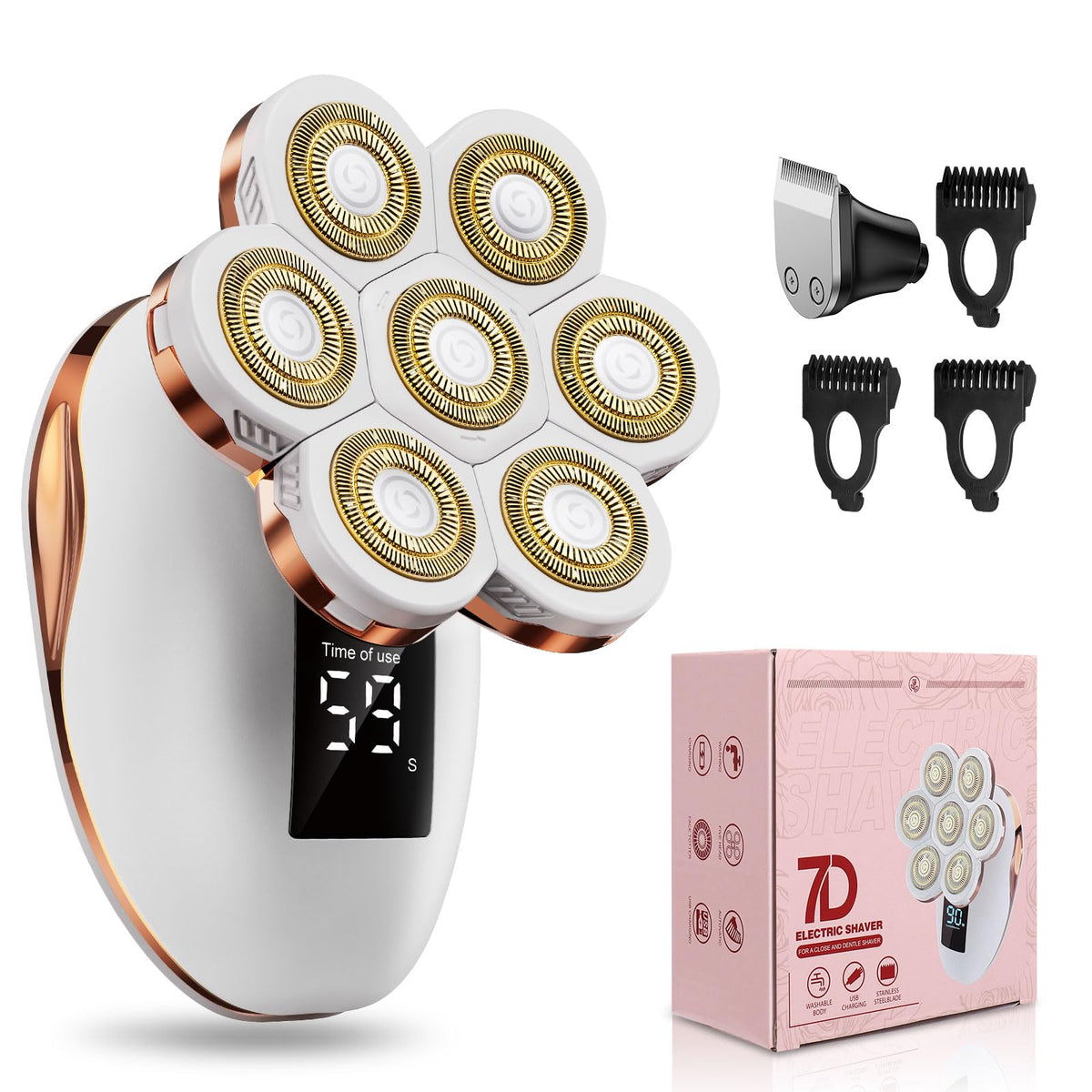 TAYAYO 2-in-1 electric razor close-up showing flexible 7D heads for smooth legs and curves.