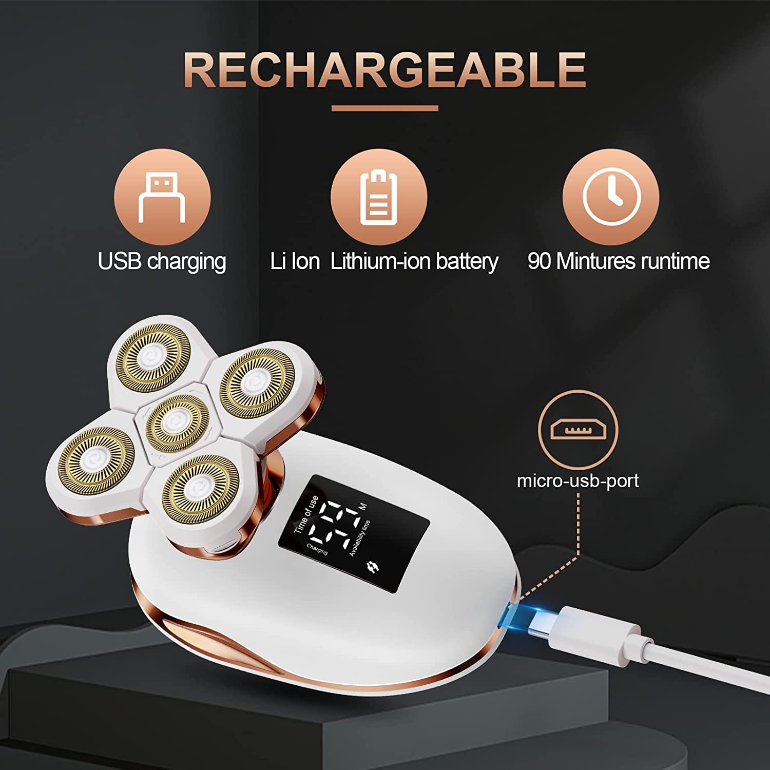 TAYAYO lithium-ion battery delivers up to 90 minutes of shaving.
