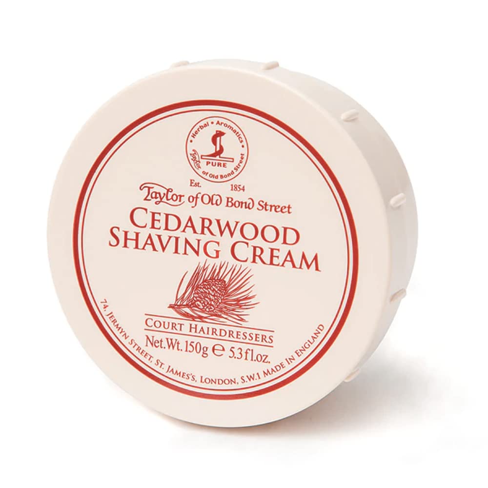 Taylor of Old Bond Street cedarwood shaving cream jar with rich moisturizing lather