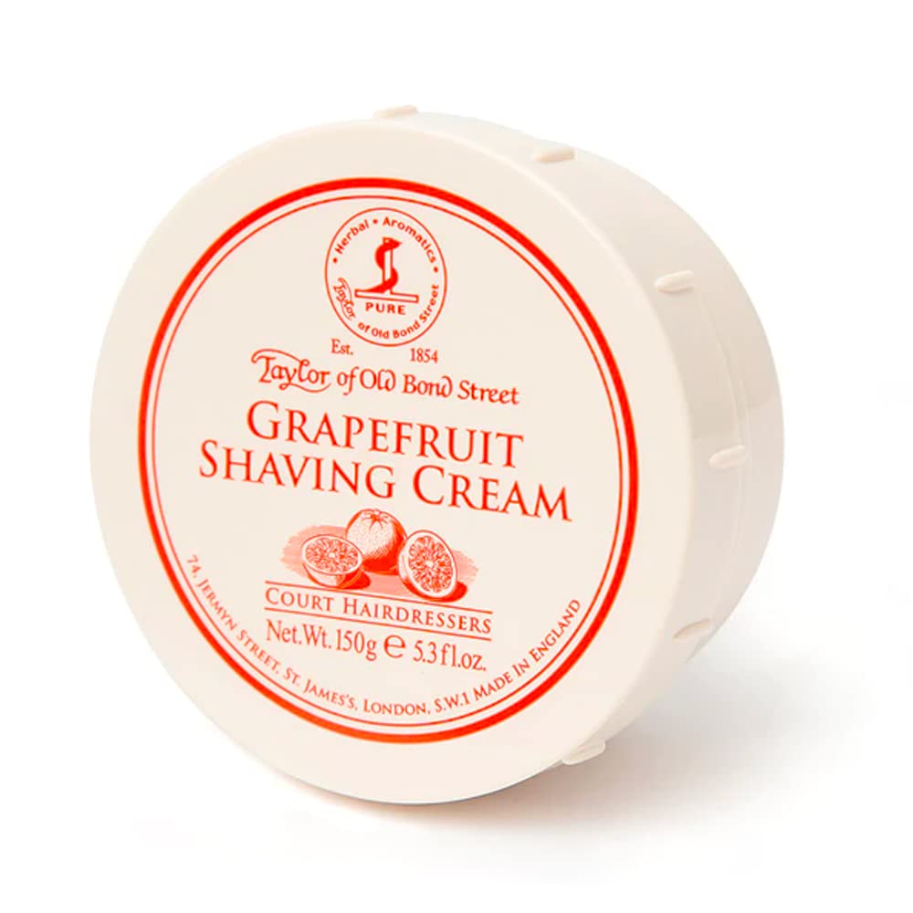 Taylor of Old Bond Street grapefruit shaving cream bowl close-up showing rich lather and smooth glide.