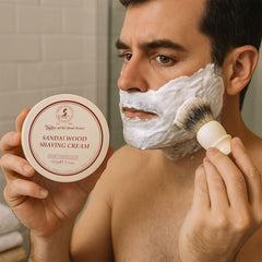 Taylor of Old Bond Street sandalwood cream with shaving brush ready for a shave