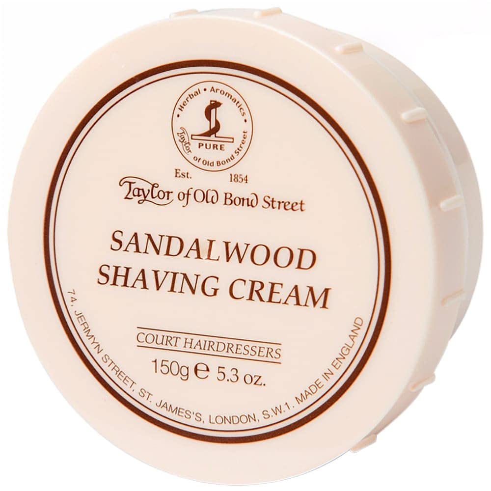 Taylor of Old Bond Street sandalwood shaving cream bowl with lid open showing rich lather