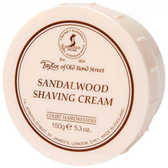 Taylor of Old Bond Street sandalwood shaving cream bowl with lid open showing rich lather