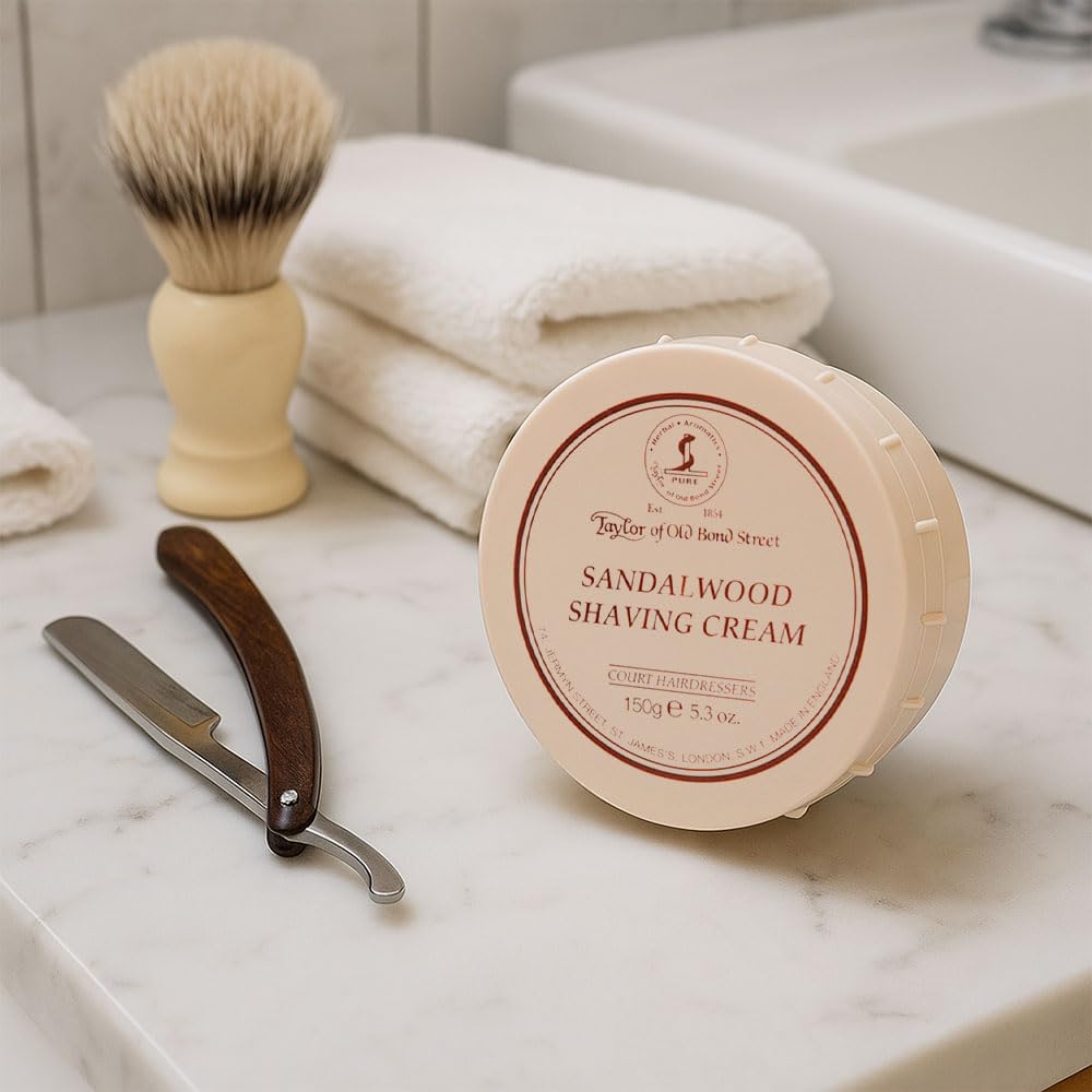 Taylor of Old Bond Street sandalwood shaving cream bowl packaging and classic jar