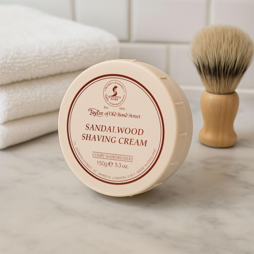 Taylor of Old Bond Street sandalwood shaving cream bowl with lush lather texture