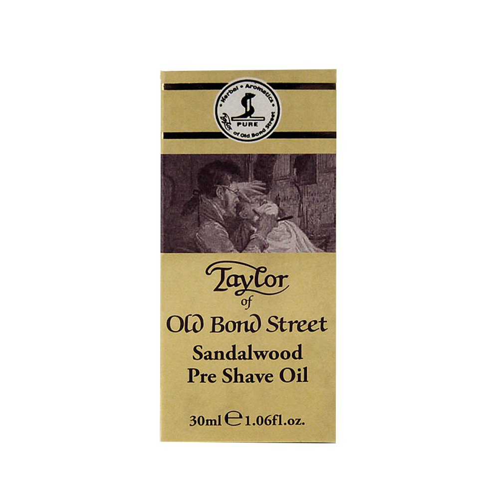 Taylor of Old Bond Street Sandalwood Pre Shave Oil bottle supports smooth, prepared skin before shaving