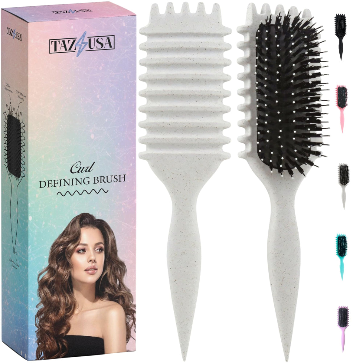 TAZ USA curl-defining brush beige handle with dual bristles for detangling and shaping curls.