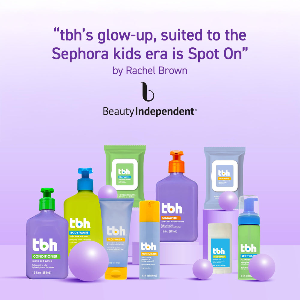 TBH Kids face wash bottle demonstrates soft lather and clear skin prep.