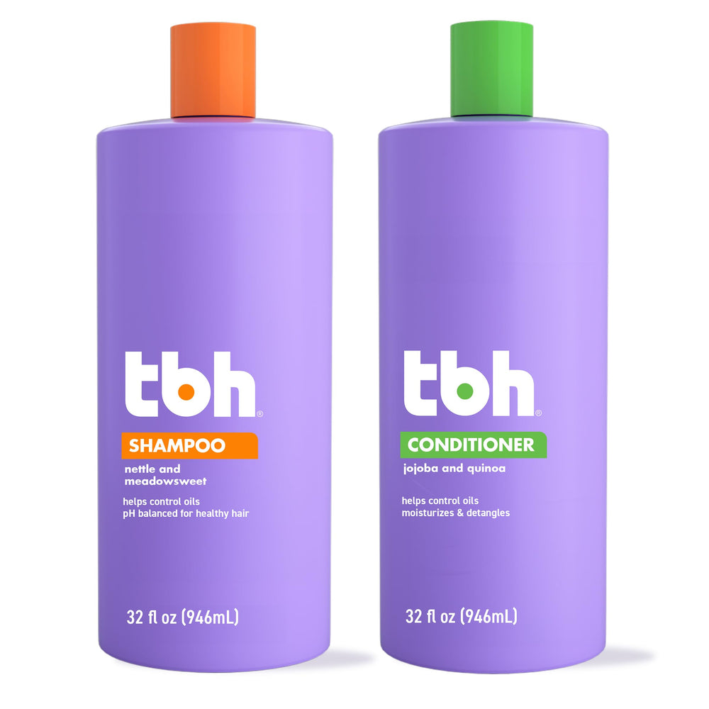 TBH Kids & Teen Shampoo bottle close-up highlighting gentle, sulfate-free cleansing for all hair types.