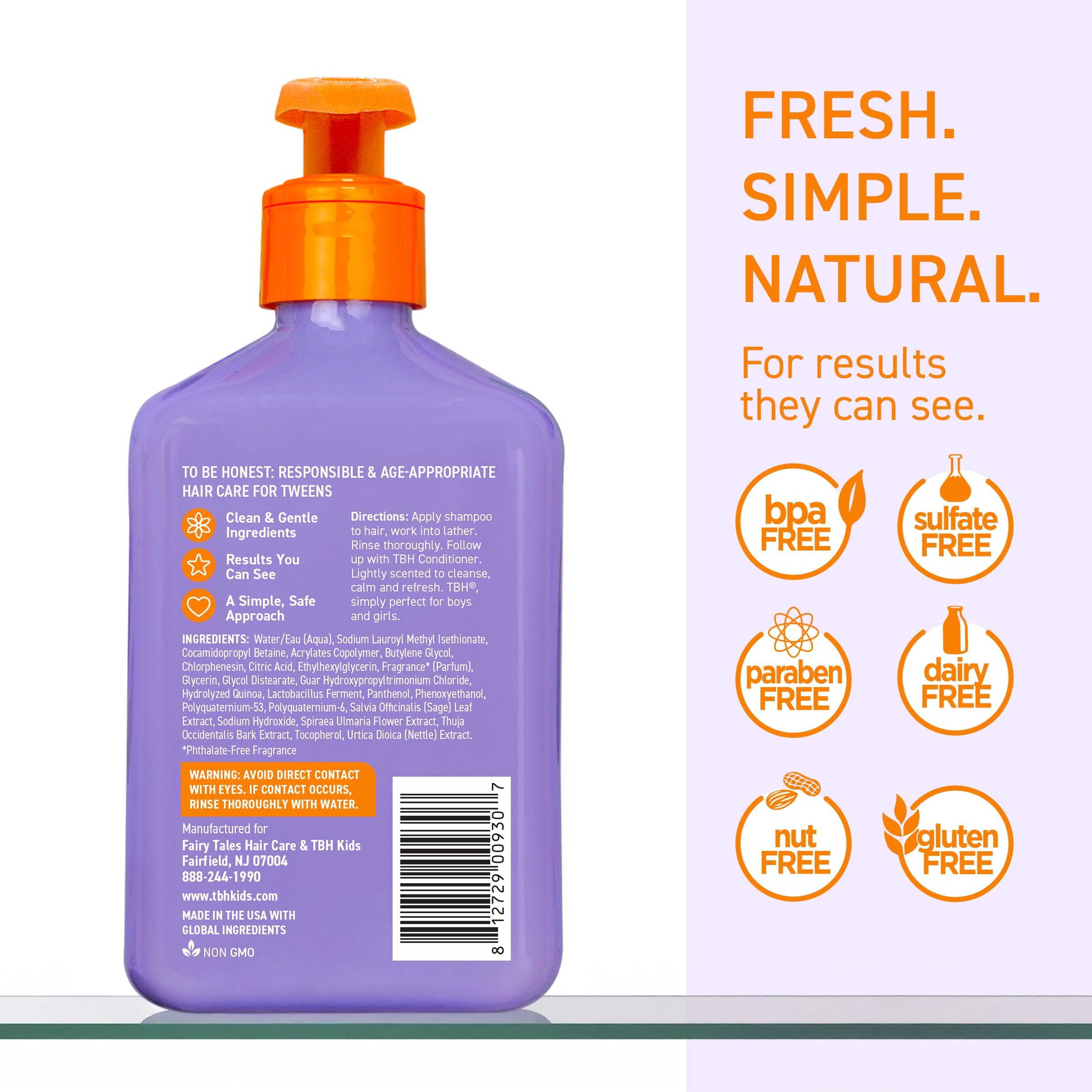 TBH Teen & Kids Shampoo bottle back label—natural ingredients for healthy scalp balance