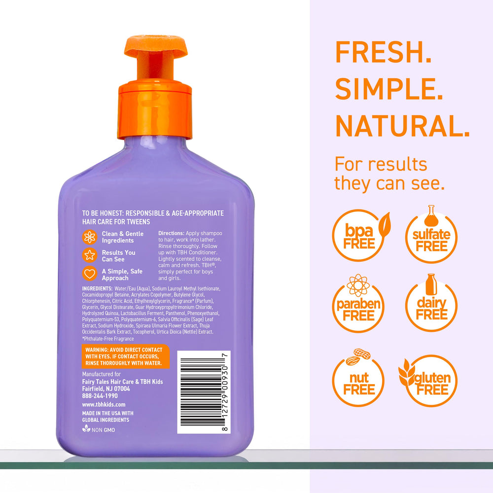 TBH Teen & Kids Shampoo bottle back label—natural ingredients for healthy scalp balance
