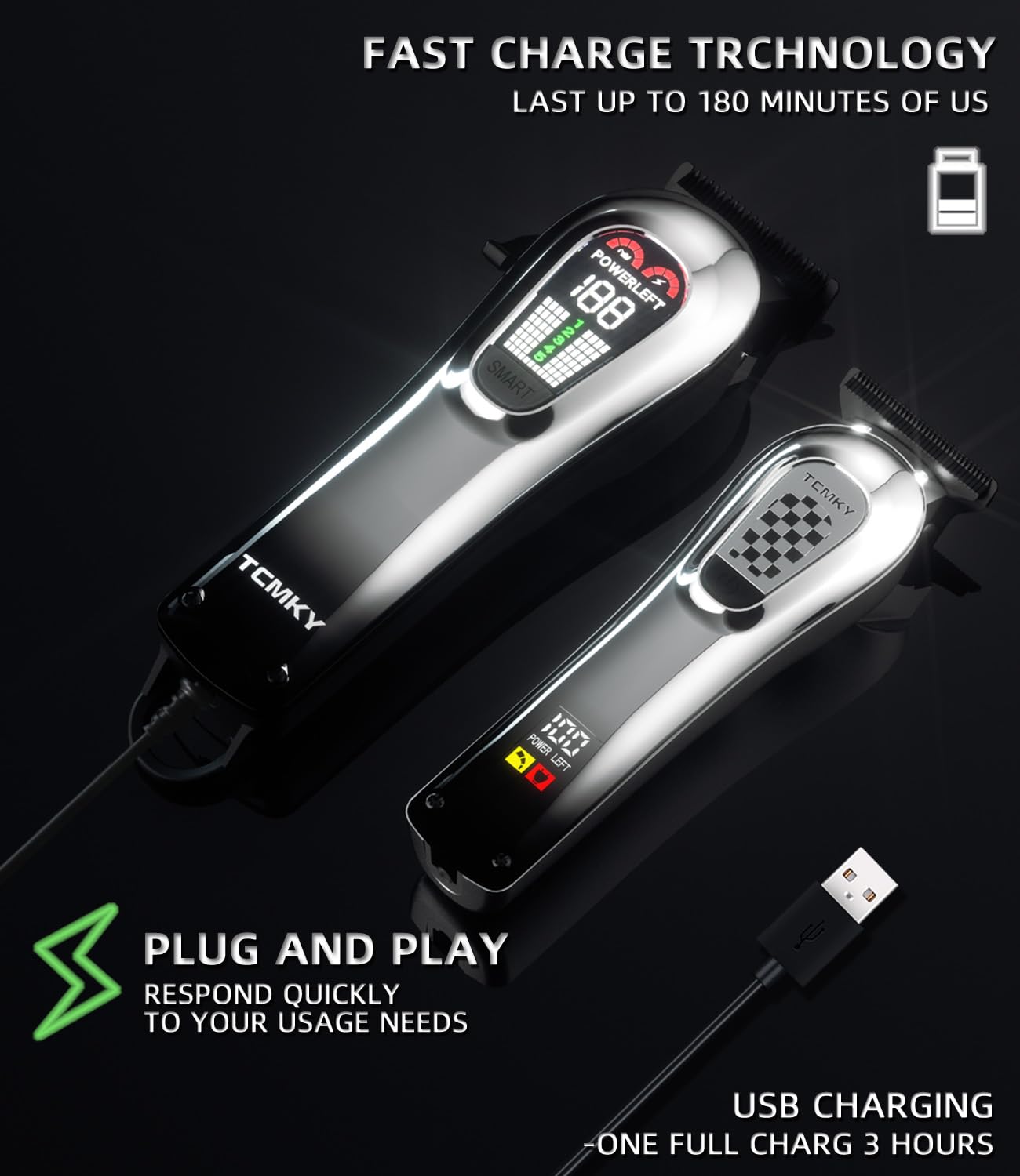TCMKY hair clipper LED display shows power and maintenance alerts