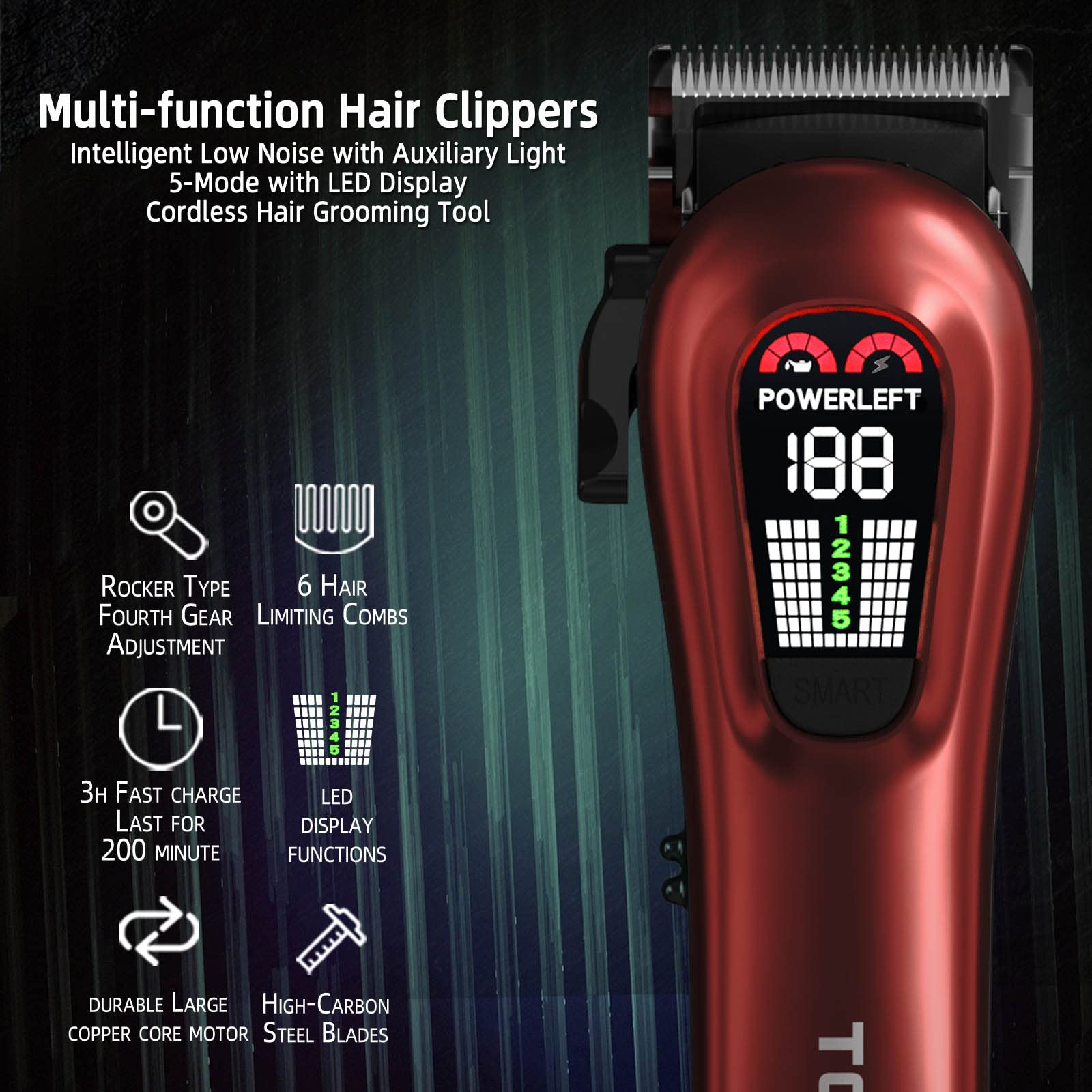 TCMKY professional clippers with LED display indicating remaining power.