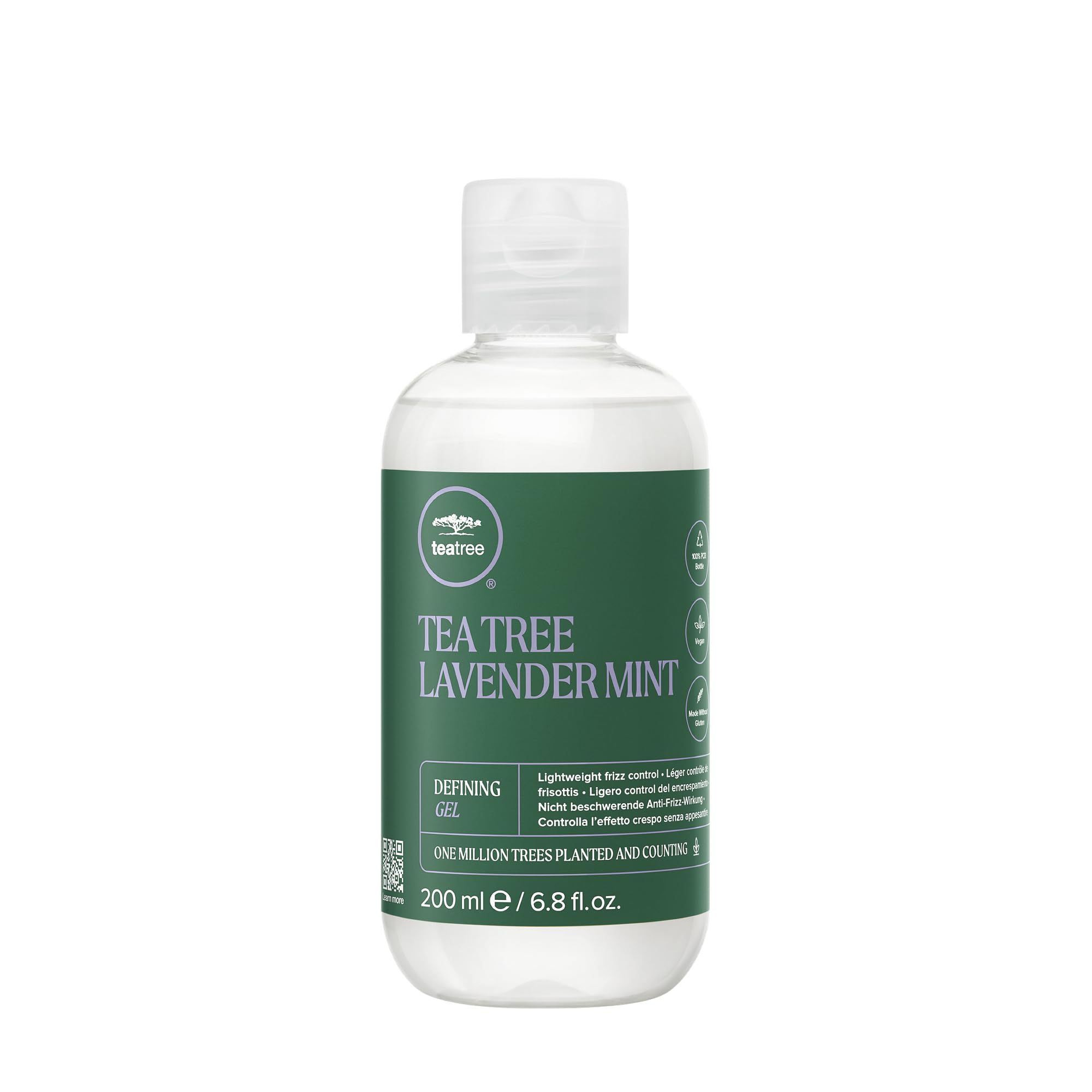 Tea Tree defining gel bottle front shows sleek packaging for frizz control.
