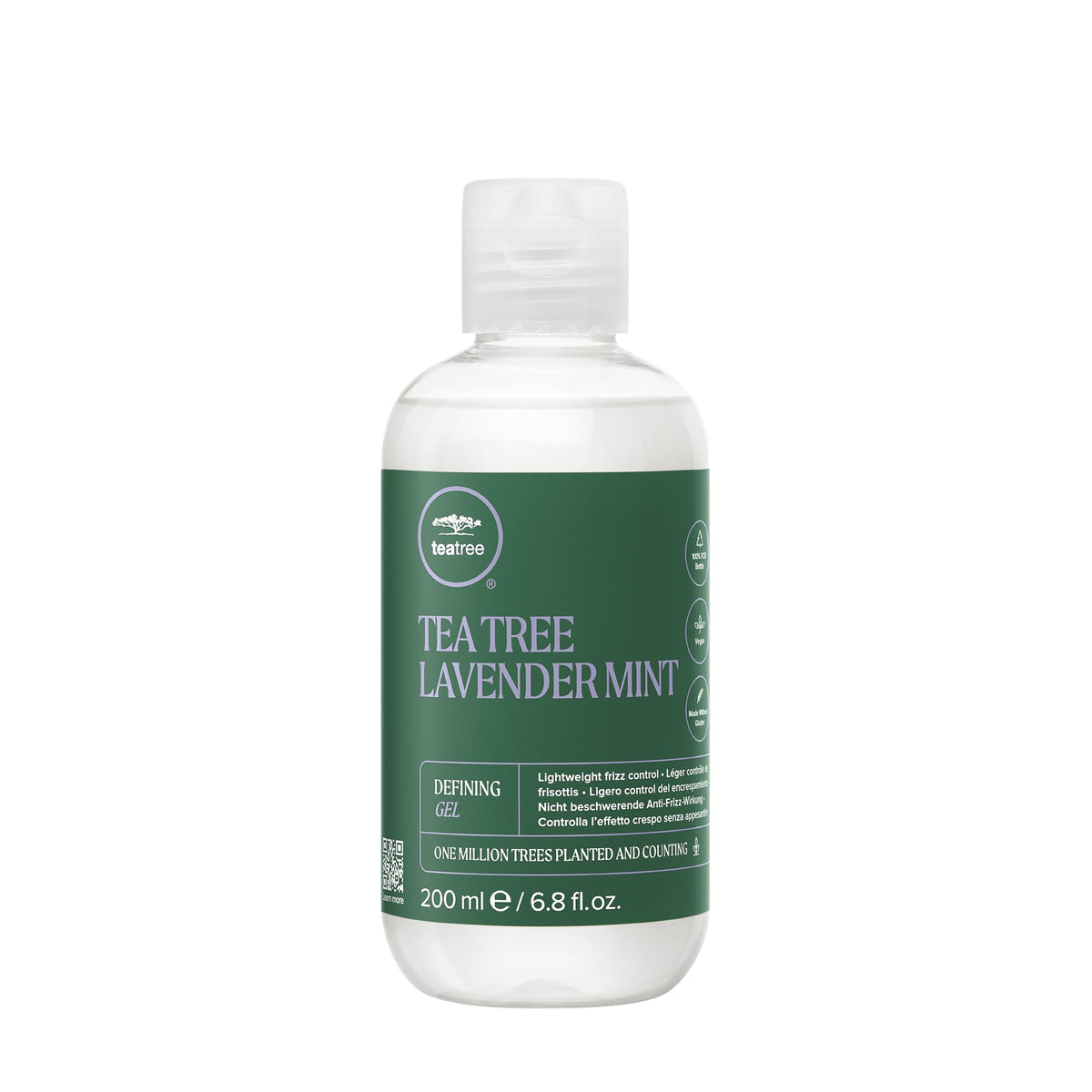 Tea Tree defining gel bottle front shows sleek packaging for frizz control.