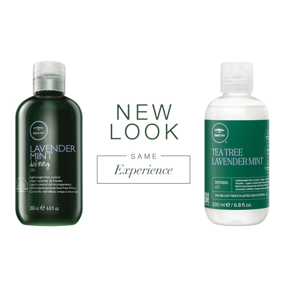 Tea Tree Lavender Mint Defining Gel label closeup highlights calming lavender scent.