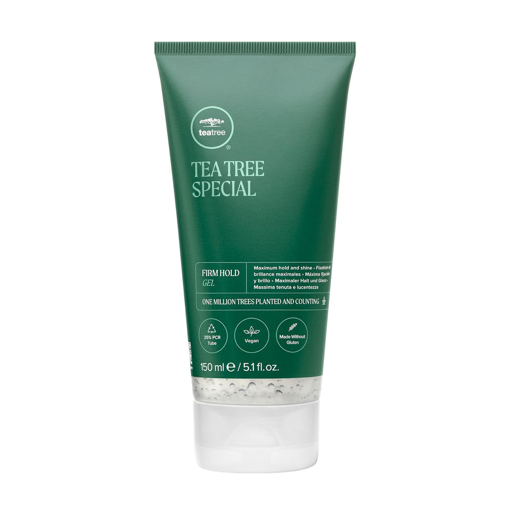 Tea Tree Firm Hold Gel bottle close-up showing strong hold and shine
