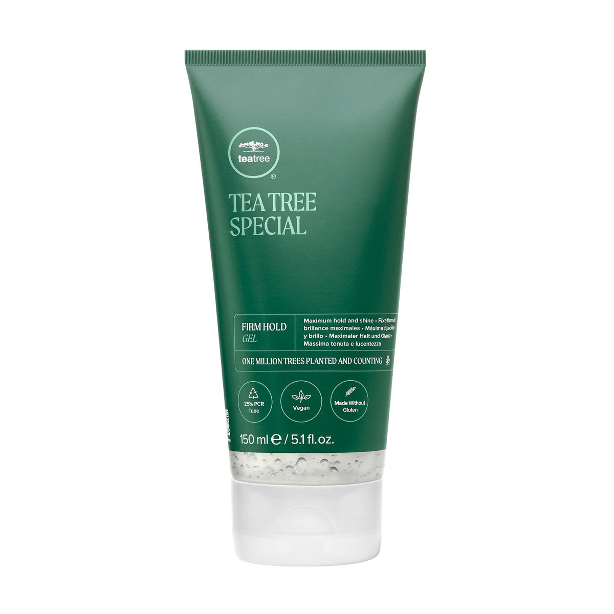 Tea Tree Firm Hold Gel bottle close-up showing strong hold and shine