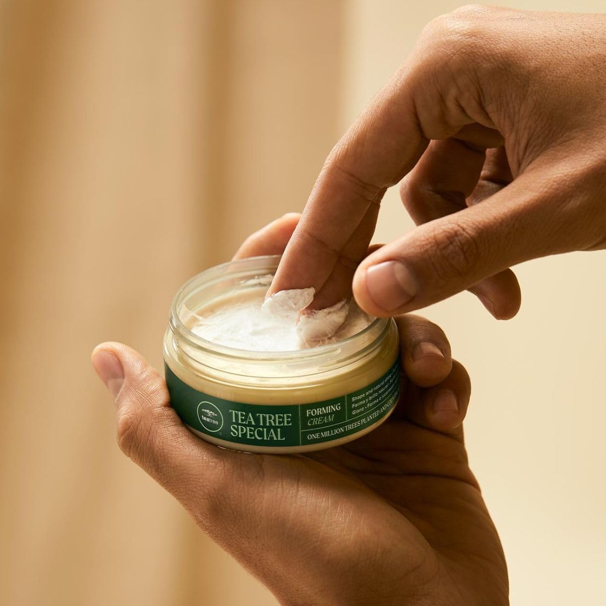 Tea Tree Forming Cream applied to hair enables flexible hold and natural sheen.