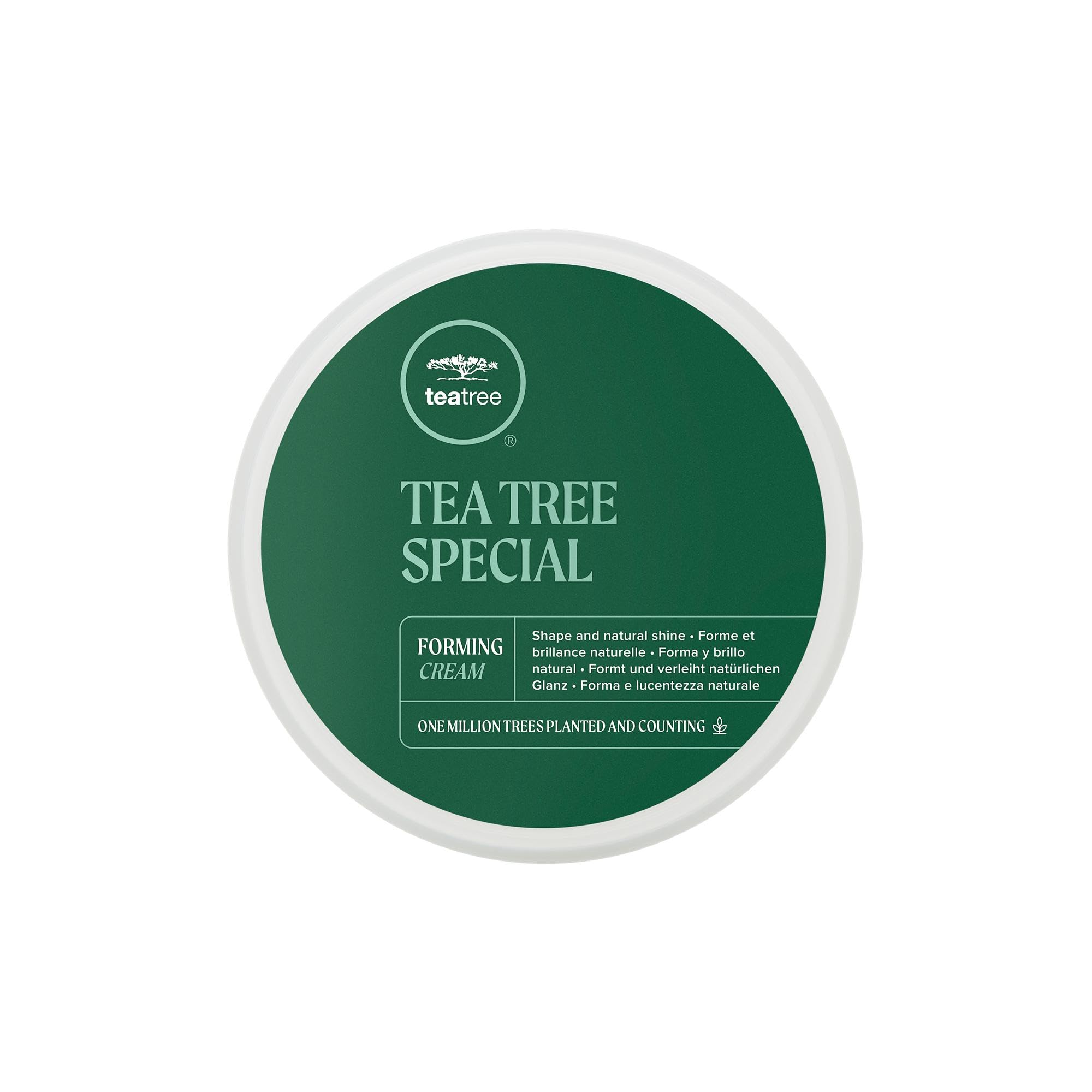 Tea Tree Forming Cream packaging showcases brand design for all hair types.