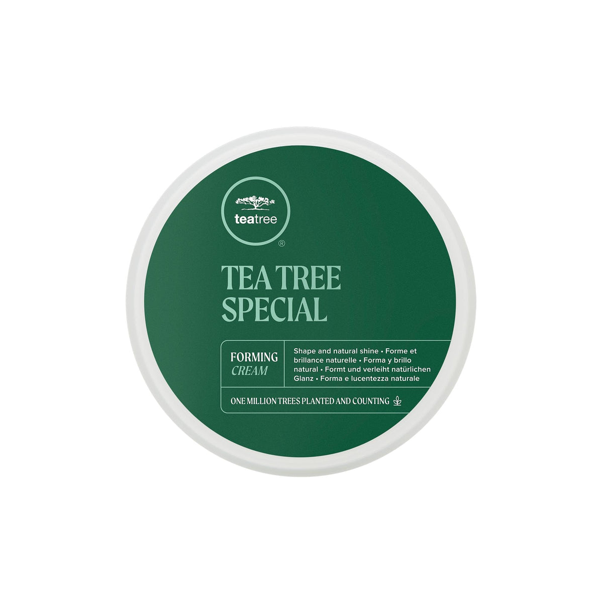 Tea Tree Forming Cream packaging showcases brand design for all hair types.