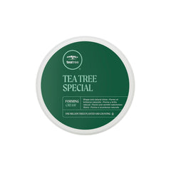 Tea Tree Forming Cream packaging showcases brand design for all hair types.