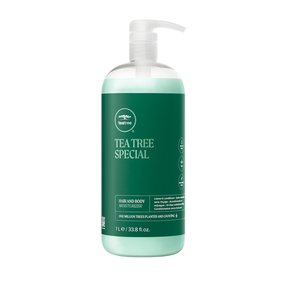 Tea Tree Hair and Body Moisturizer bottle front for all hair and skin hydration.