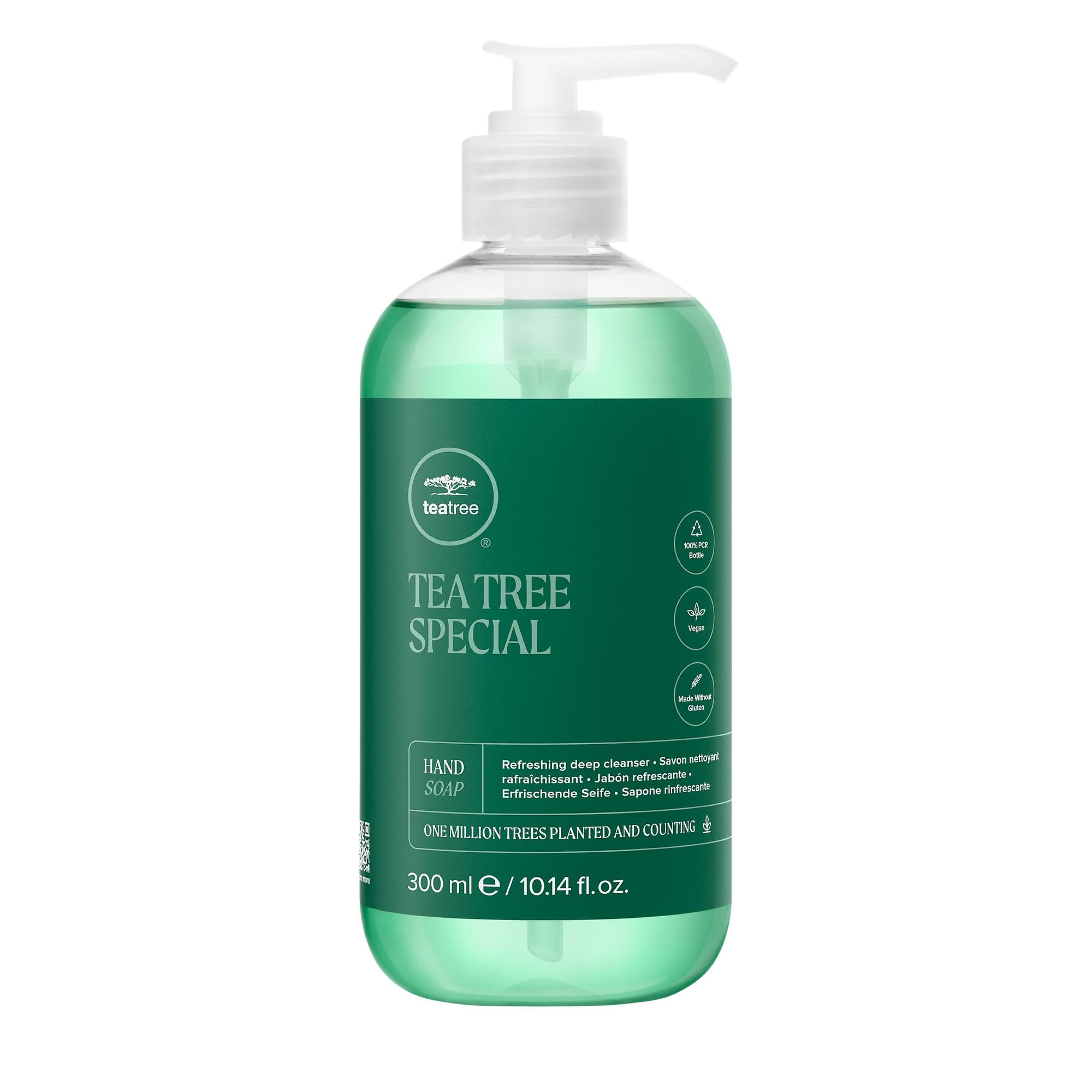 Tea Tree Hand Soap bottle-front shows deep cleansing and refreshing aroma.