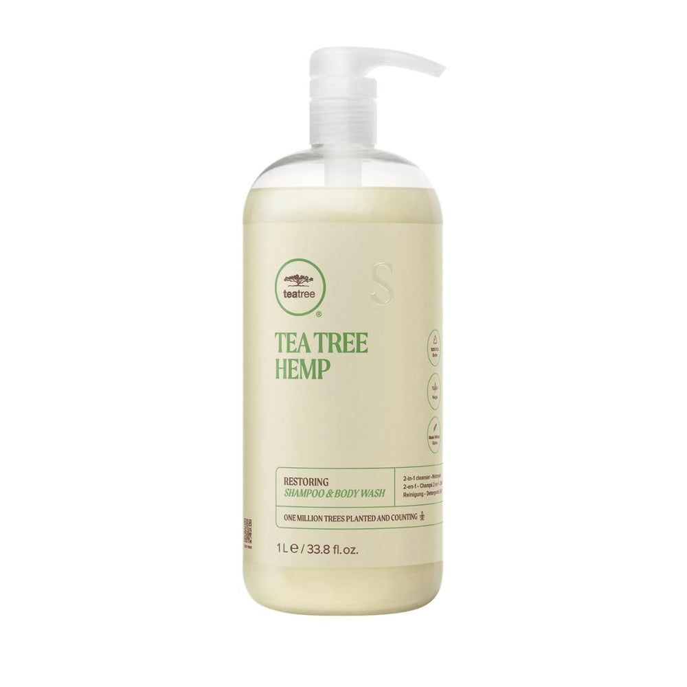 Tea Tree Hemp Restoring Shampoo bottle shows hemp-infused gentle cleansing for all hair types.