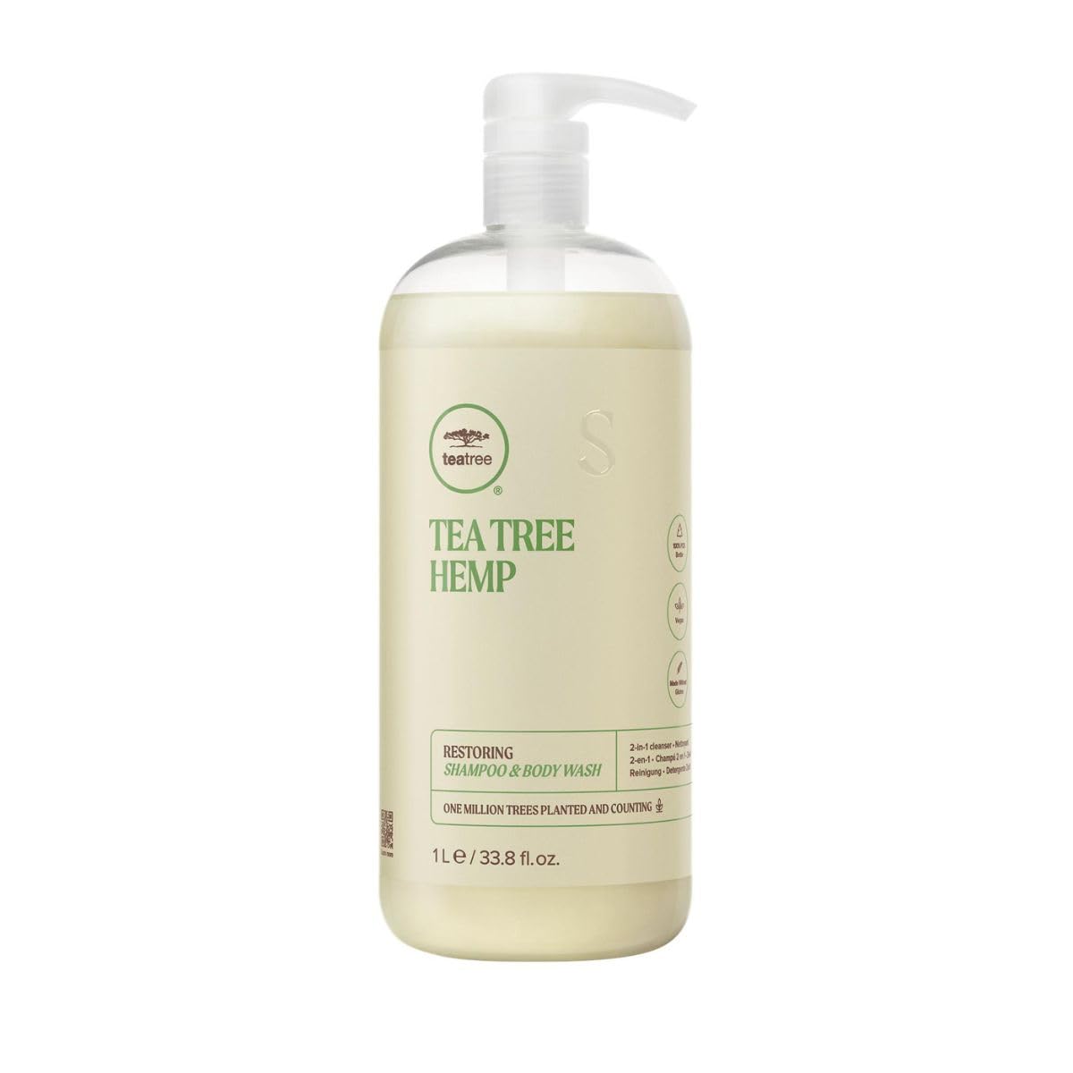 Tea Tree Hemp Restoring Shampoo bottle shows hemp-infused gentle cleansing for all hair types.