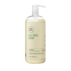 Tea Tree Hemp Restoring Shampoo bottle shows hemp-infused gentle cleansing for all hair types.