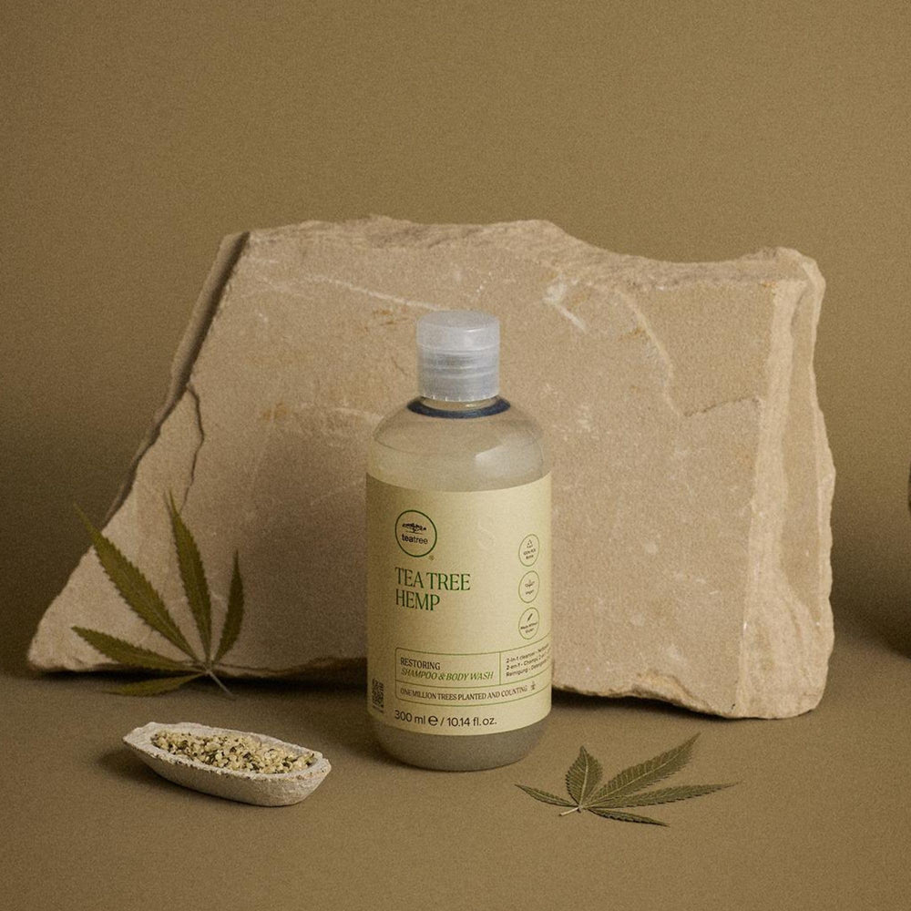 Tea Tree Hemp Restoring Shampoo packaging-variety displays eco-packaging update.