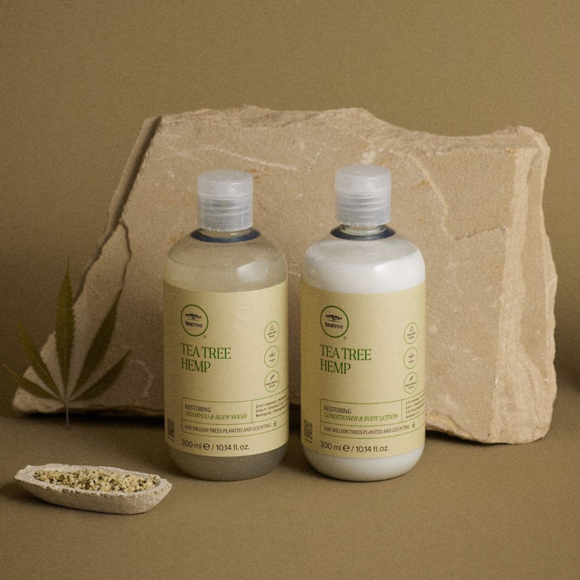 Tea Tree Hemp Restoring Shampoo shower-scene demonstrates bath-time routine with 2-in-1 cleanser.