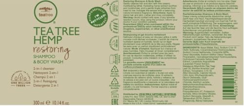 Tea Tree Hemp Restoring Shampoo size-banner highlights 33.8 fl oz value and long-lasting use.