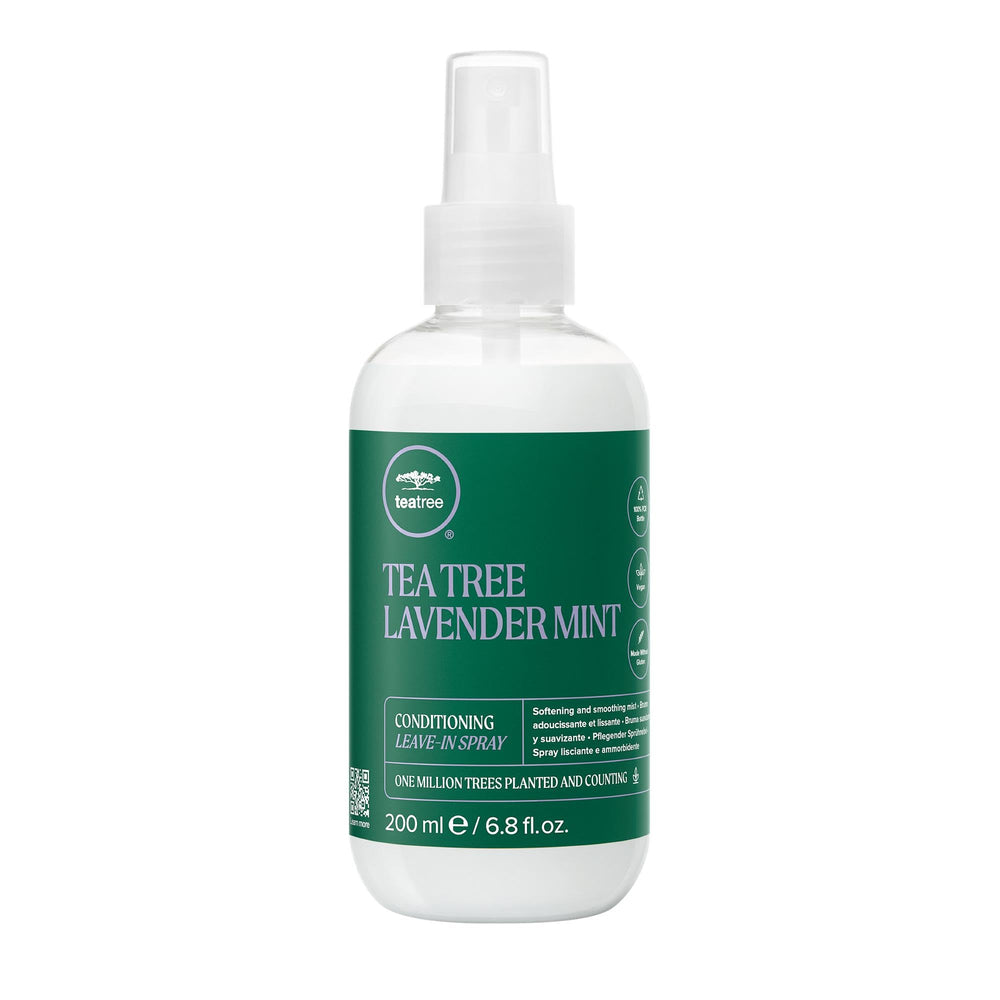 Tea Tree Lavender Mint Conditioning Leave-In Spray bottle demonstrates hydrating formula for soft hair.