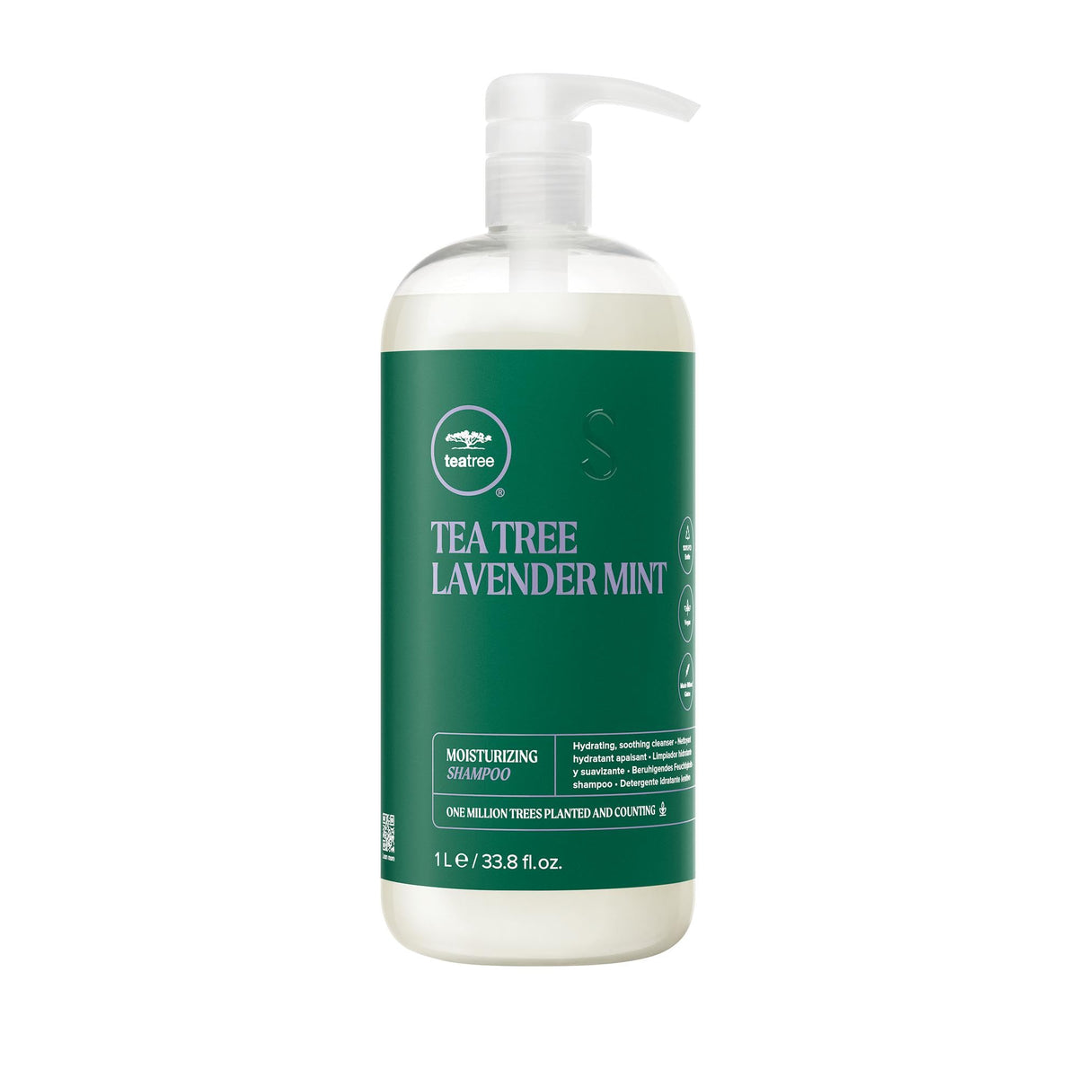 Tea Tree Lavender Mint Moisturizing Shampoo bottle demonstrates hydrating formula for dry, coarse hair.