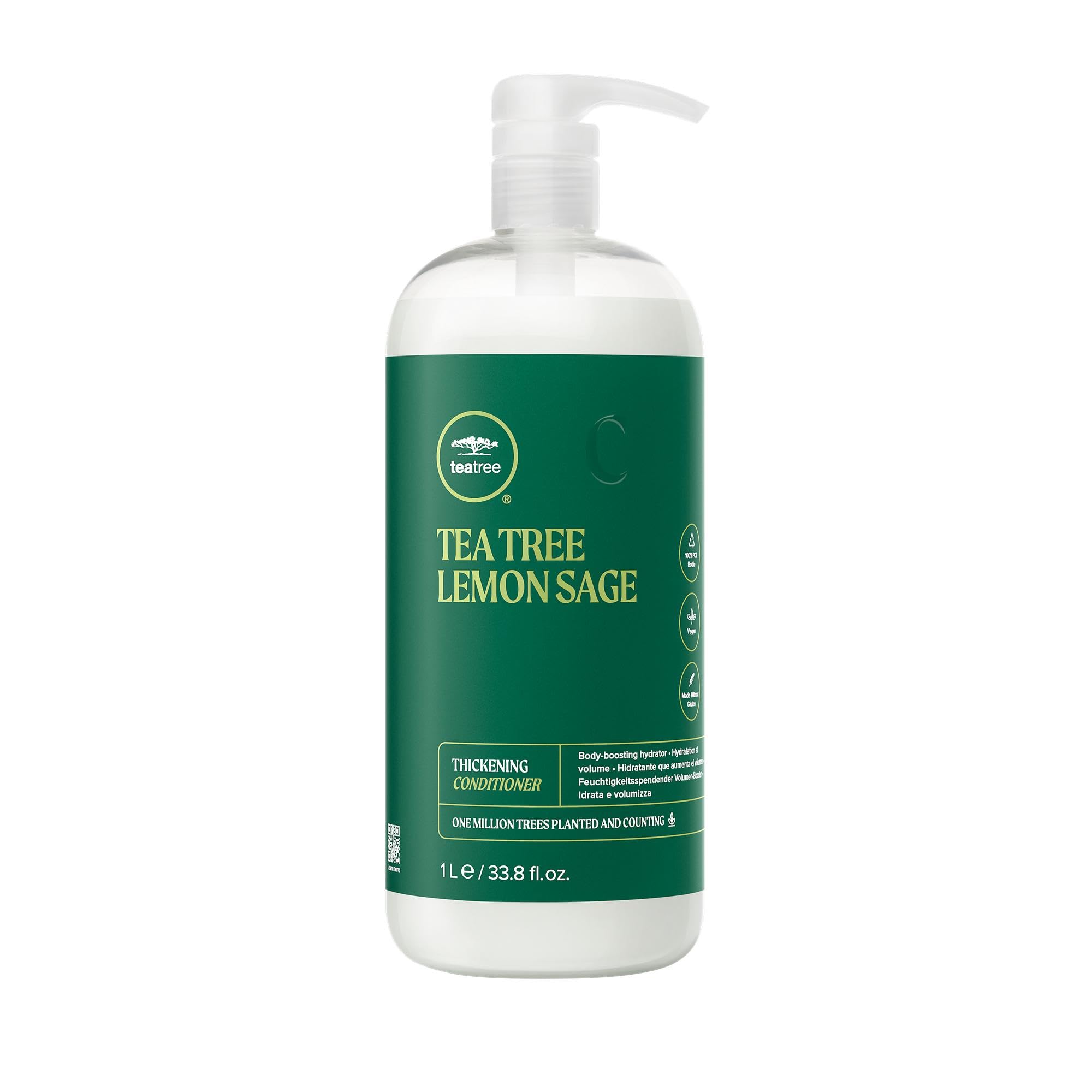 Tea Tree Lemon Sage Thickening Conditioner bottle showing citrus-infused volumizing action for fine hair.