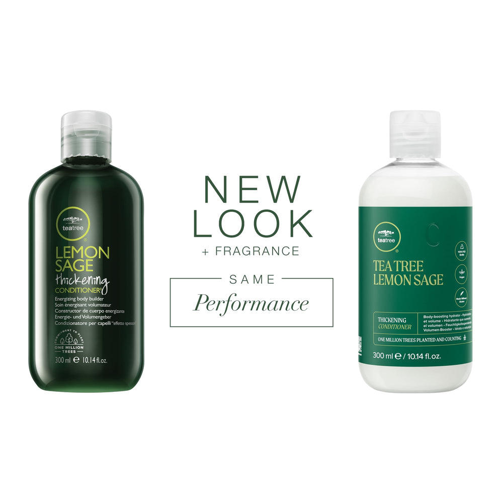 Tea Tree Lemon Sage Thickening Conditioner liquid closeup highlights lightweight formula for detangling and shine.