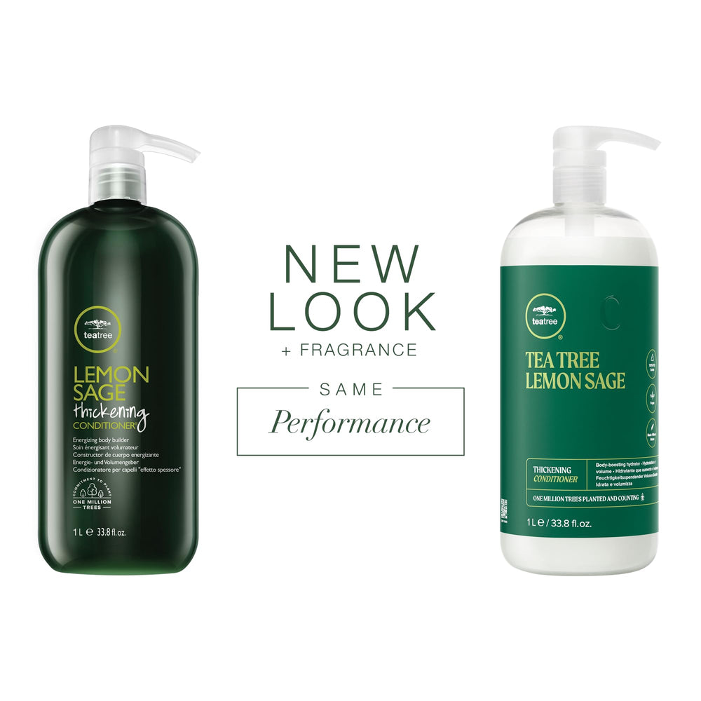 Tea Tree Lemon Sage label close-up highlighting lightweight conditioning.