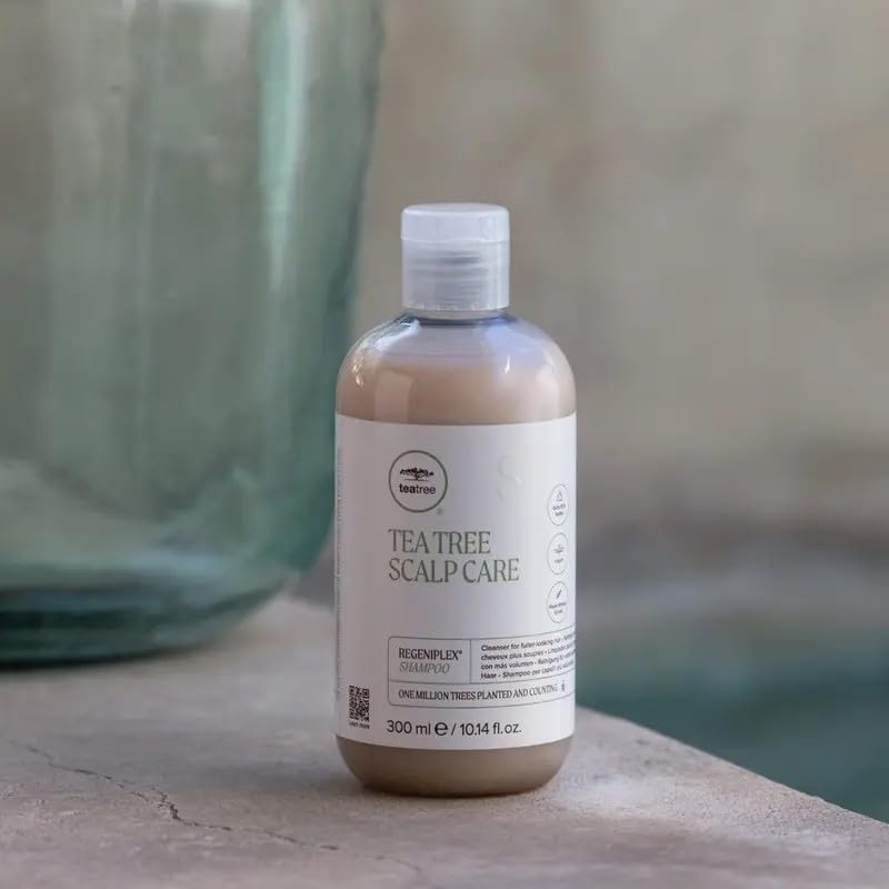 Pea peptides closeup on Tea Tree Regeniplex bottle emphasizes lightweight fullness.