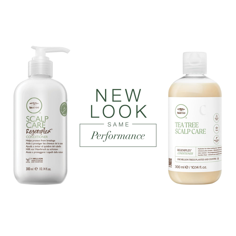 Tea Tree Regeniplex conditioner bottle pour highlights smooth detangling and styling.