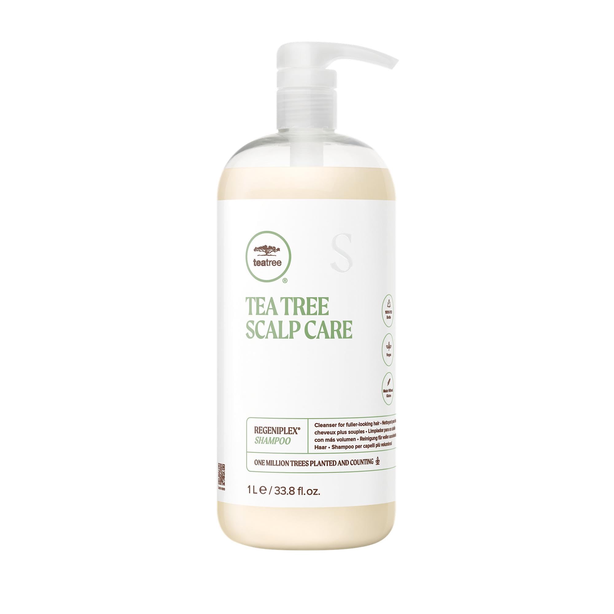Tea Tree Scalp Care Regeniplex Shampoo bottle shows thinning-hair support and scalp nourishment.