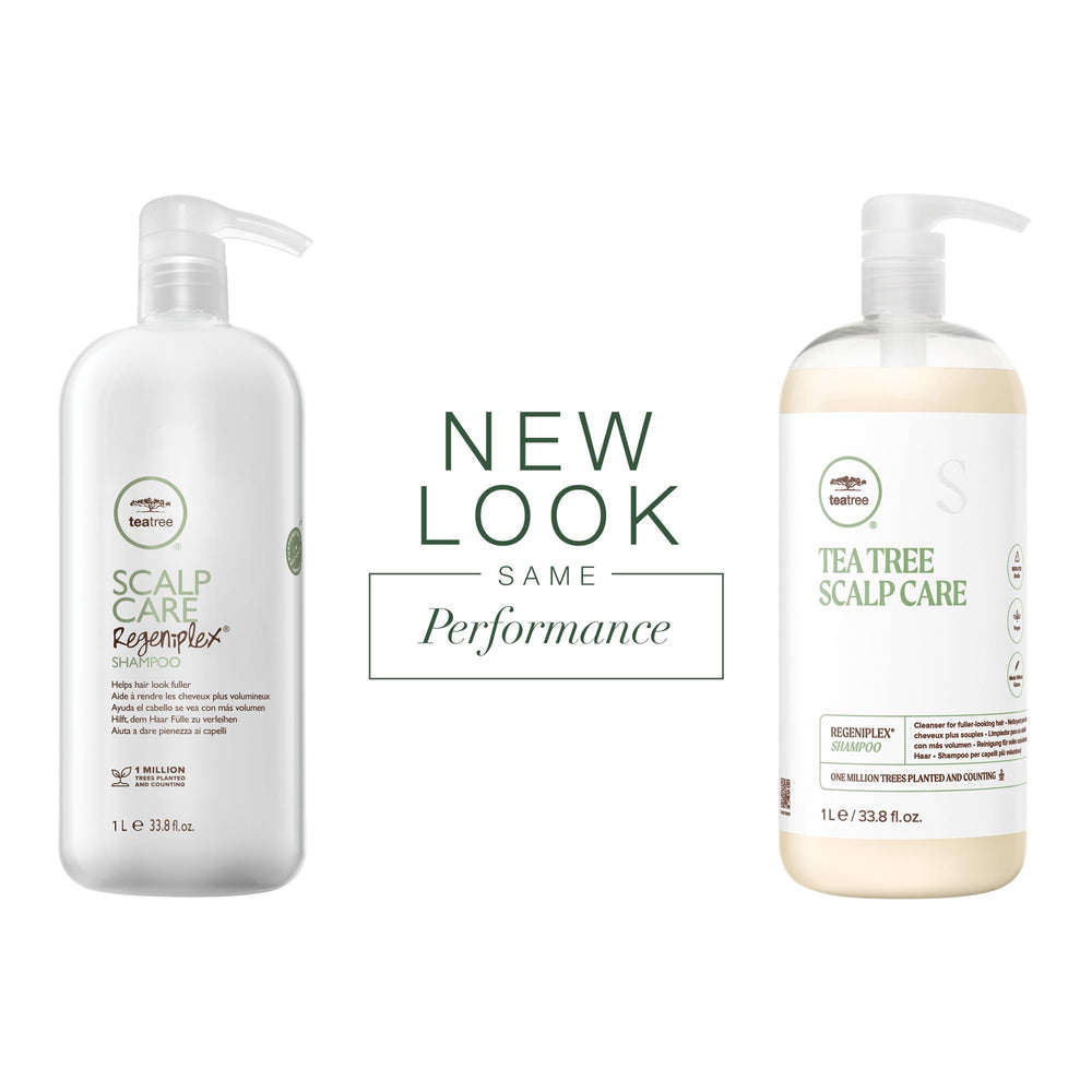 Tea Tree Scalp Care Regeniplex Shampoo pour demonstrates easy dispensing for cleansing.