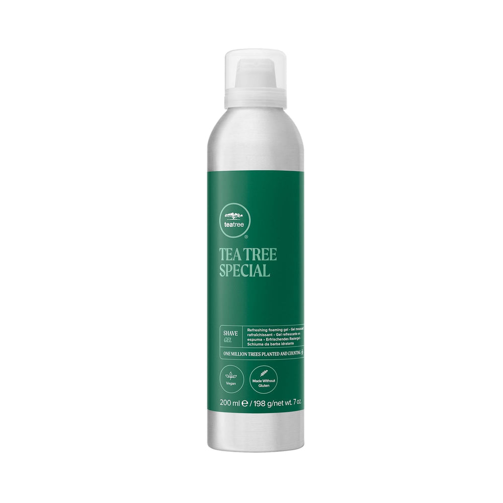 Tea Tree Shave Gel bottle-label highlights refreshing shave and invigorating scent.